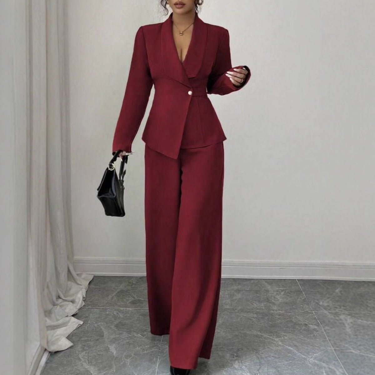 Solid-color Long-sleeve Straight-leg Pants Set For Women
