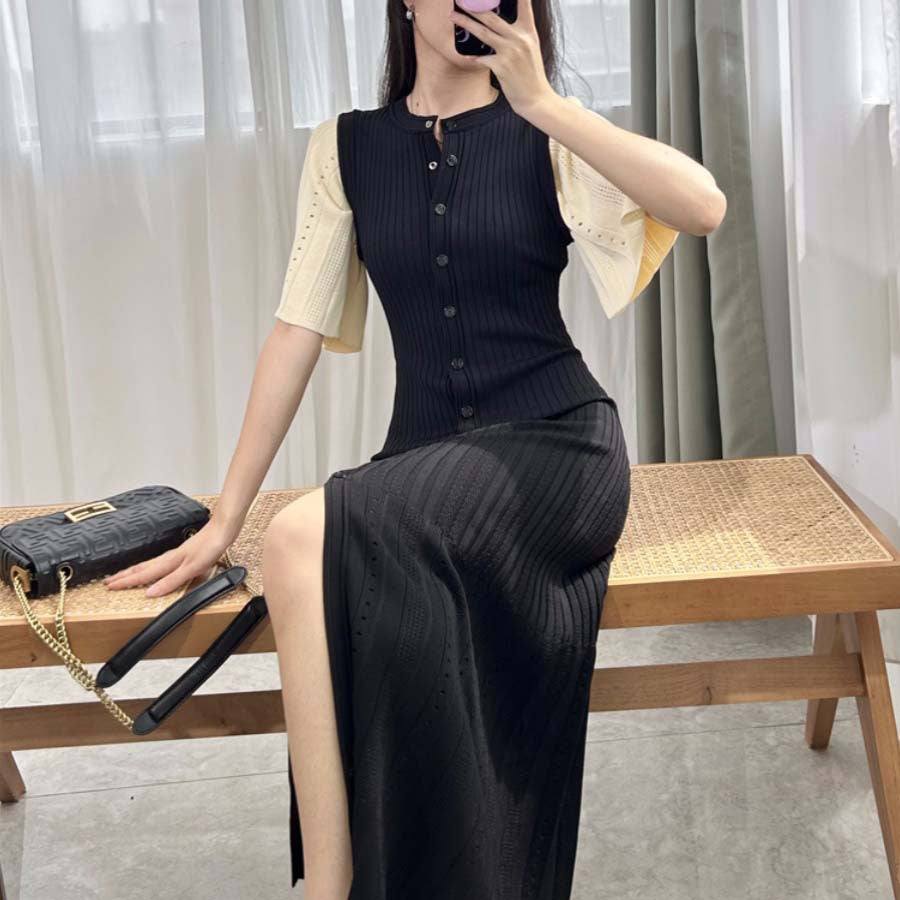 Vestido de punto de cola de pez fino, calado y ajustado en la cintura