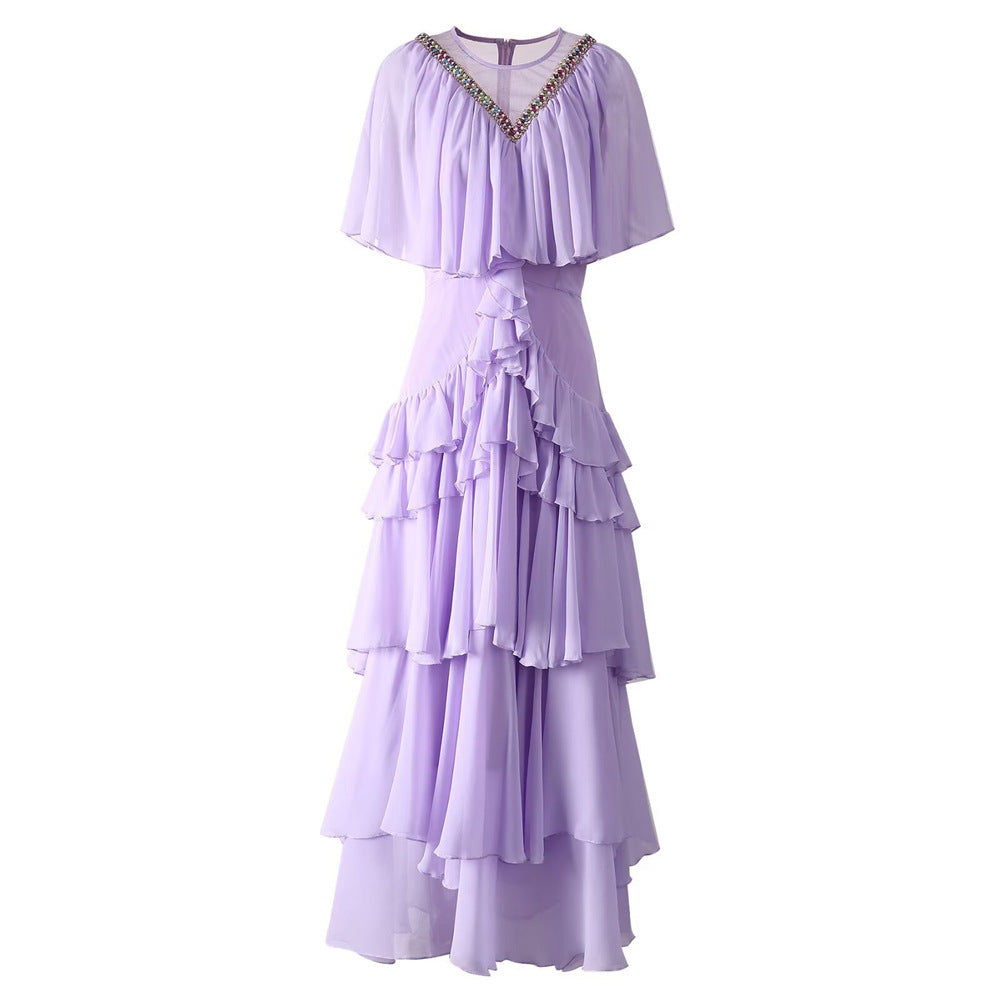 French women's V-neck heavy industry custom-made bead waist ruffle layered formal dress cake long skirt