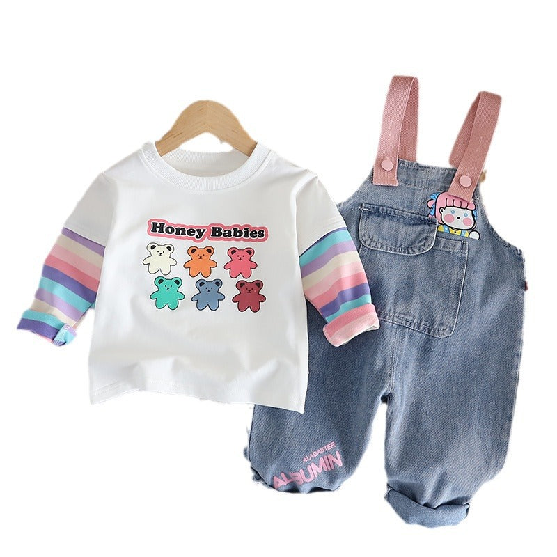 Girls' Cute Denim Suspender Trousers Cartoon Jumpsuit Two-piece Set