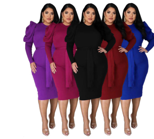 Women's Long Sleeve Belt Slim Fit Plus Size Dress