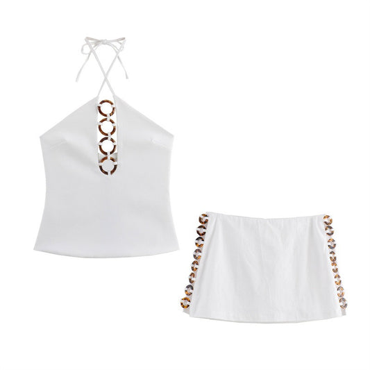 Accessories hanging neck short top, short skirt and pants set for women