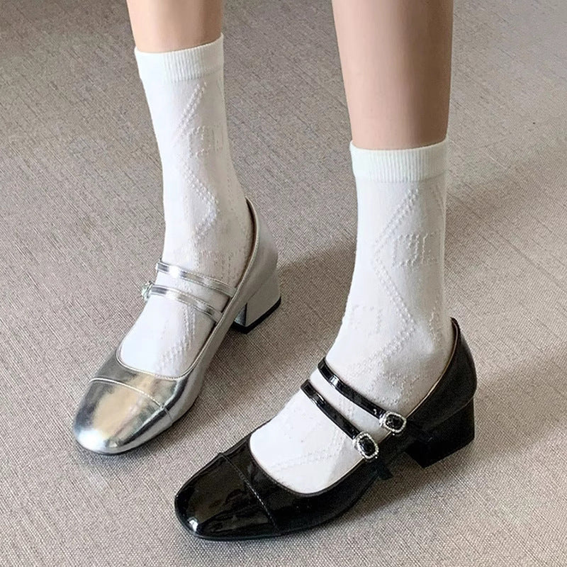 Square Toe Chunky Heel Buckle Mid-heel High Heel Women's Shoes