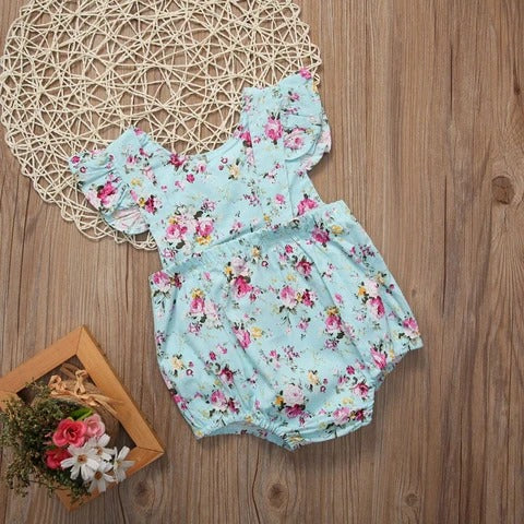 New girls blue printed small floral romper
