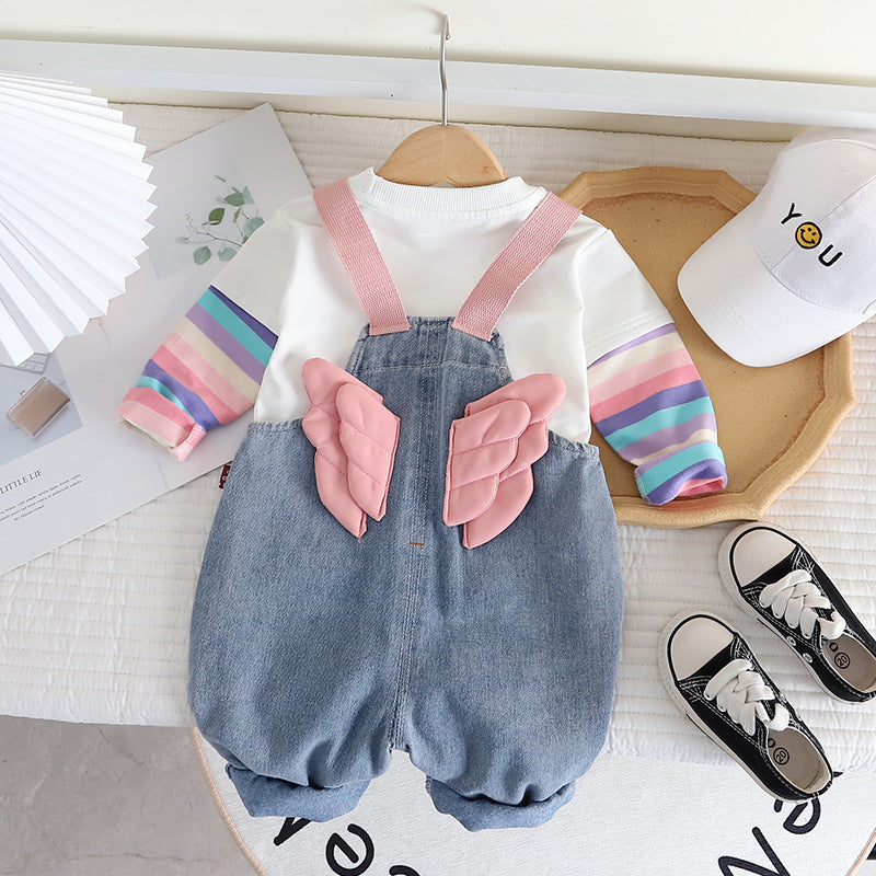 Girls' Cute Denim Suspender Trousers Cartoon Jumpsuit Two-piece Set
