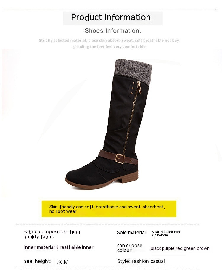 Plus Size Long Tube Women's Boots Chunky Heel Side Zip Wool Stitching