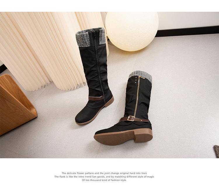 Plus Size Long Tube Women's Boots Chunky Heel Side Zip Wool Stitching