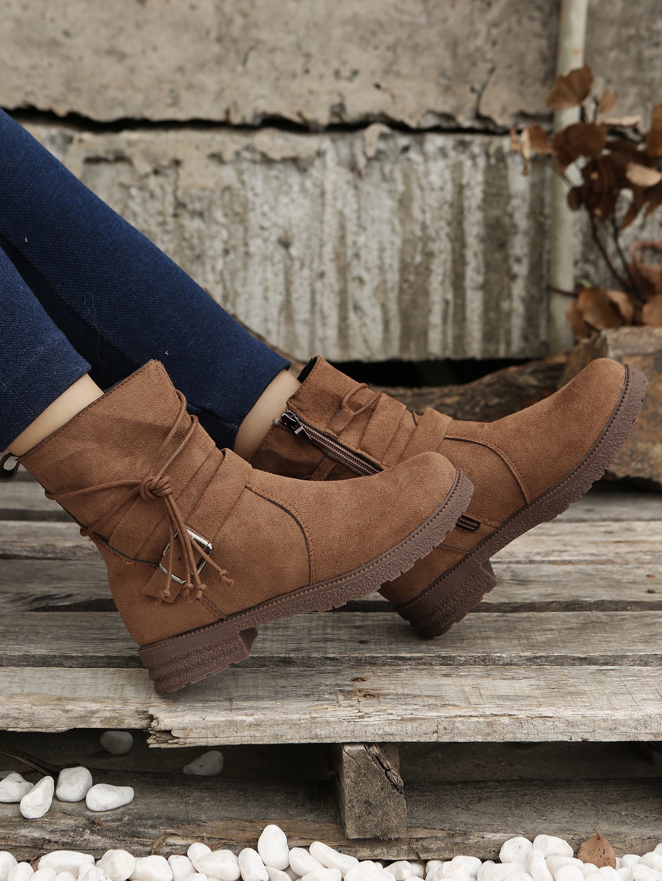 Round Toe Side Zipper Low Heel Plus Size Short Boots