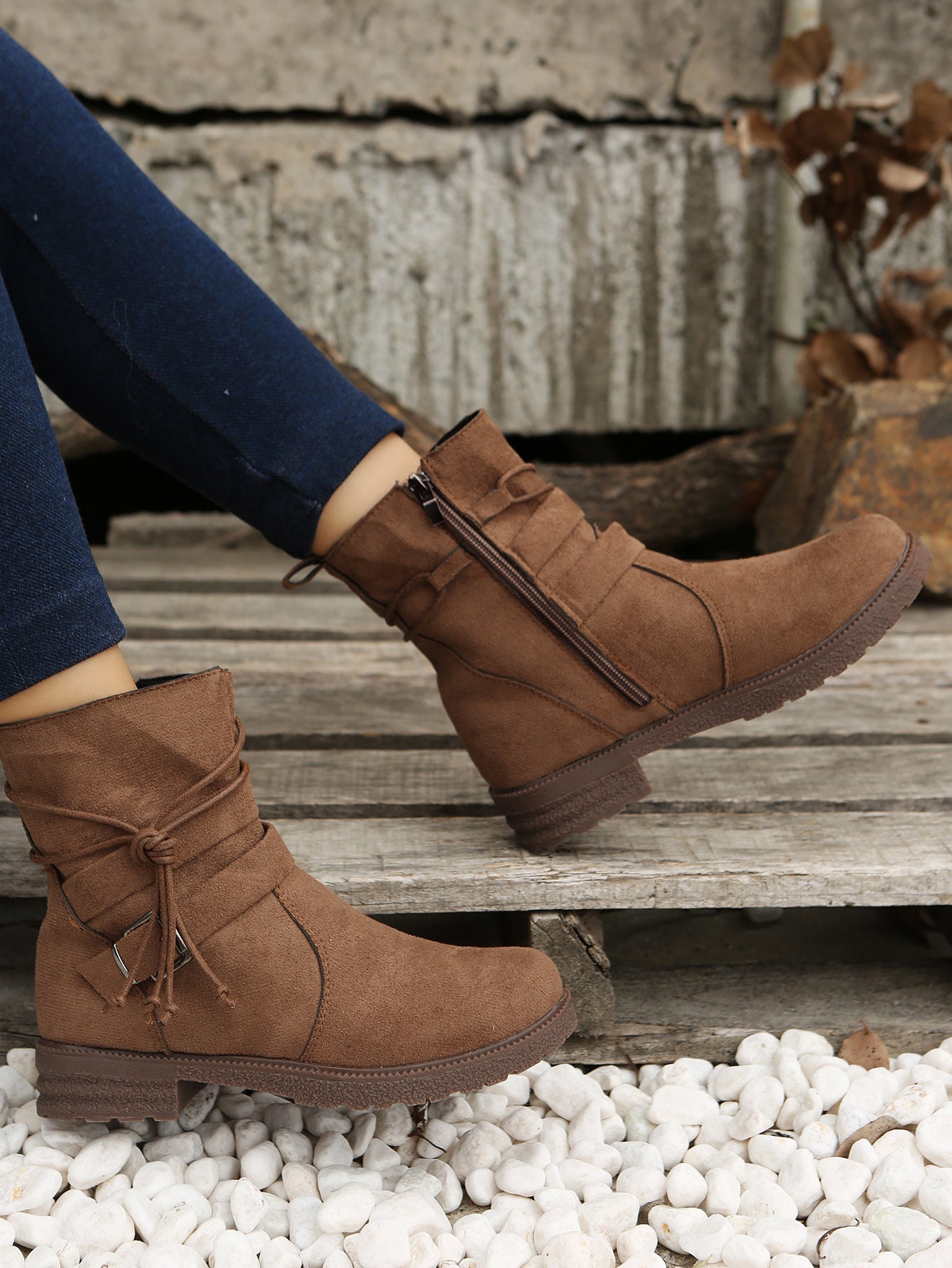 Round Toe Side Zipper Low Heel Plus Size Short Boots