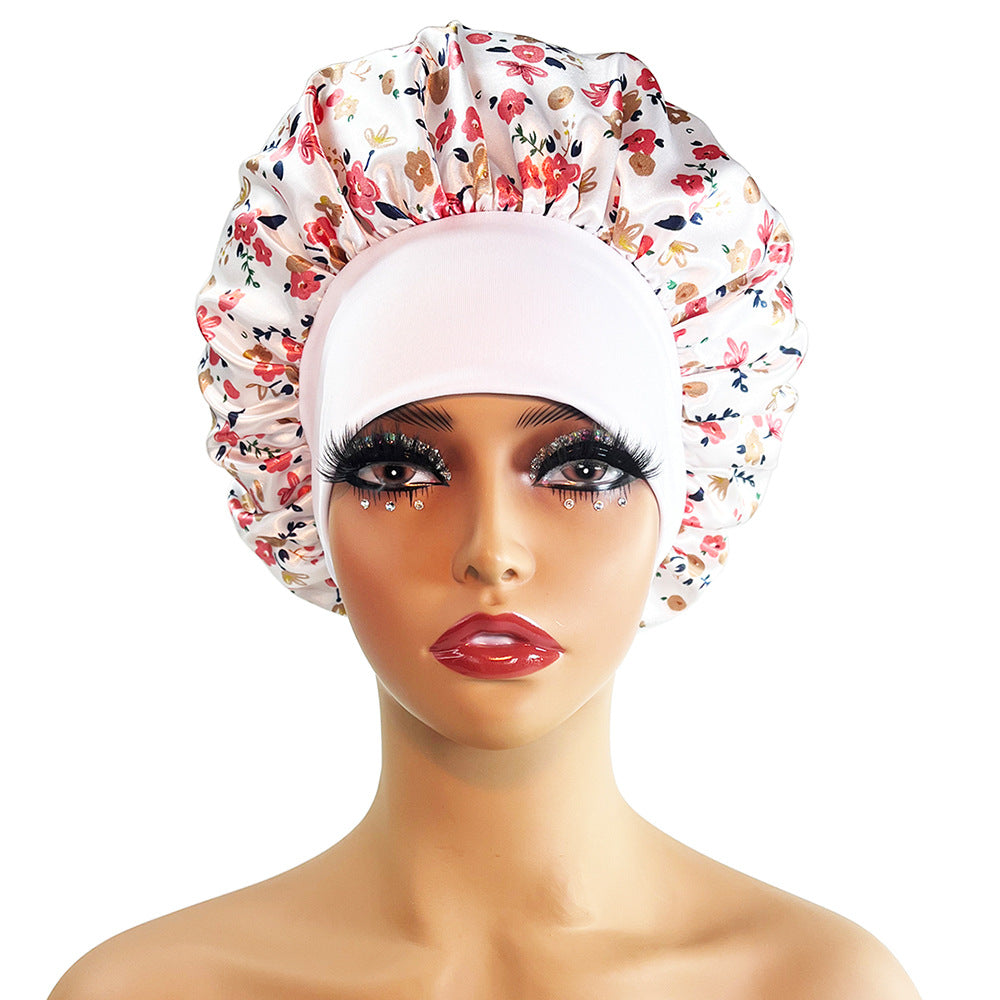 Wide-brimmed Satin Printing Nightcap Beauty Shower Cap Stretch