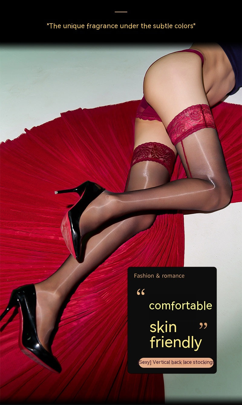 Rear Vertical Thread Stockings Rear Shrimp Thread Lace Edge Thigh High Socks