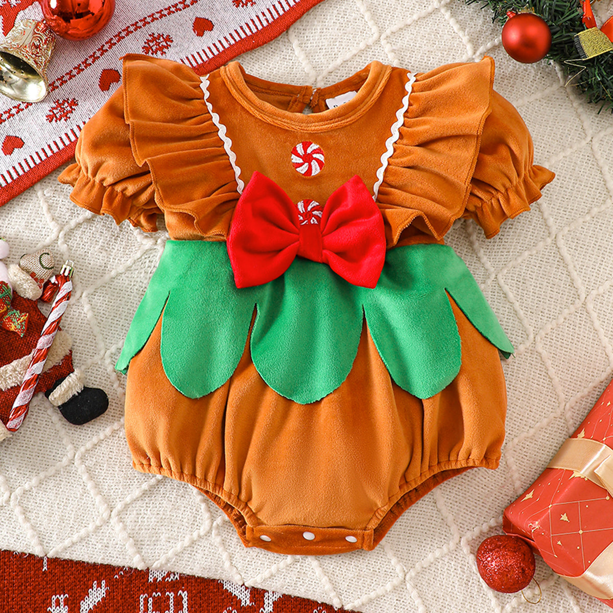 Infant Romper Summer Ruffle Lantern Sleeve Bow Baby Girl Christmas Triangle Bodysuit