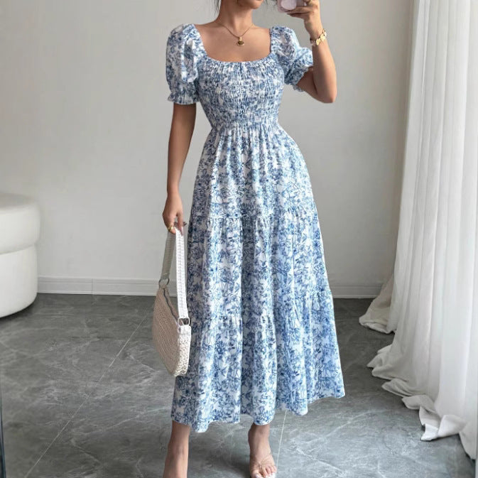 Elegant Idle Style Printed Square Collar Loose Long Puff Sleeve Dress