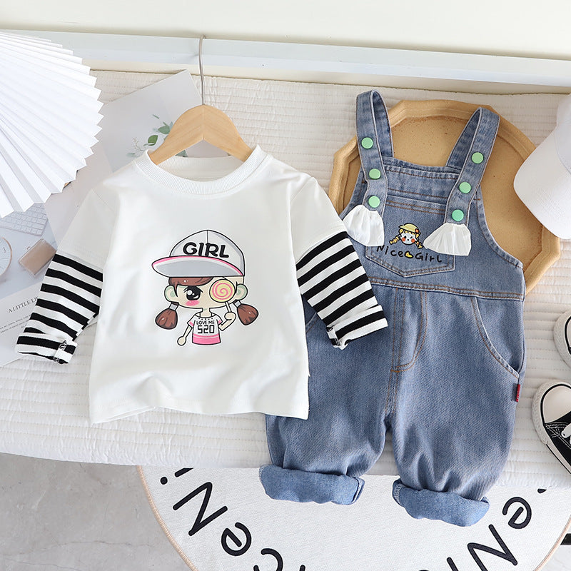 Girls' Cute Denim Suspender Trousers Cartoon Jumpsuit Two-piece Set