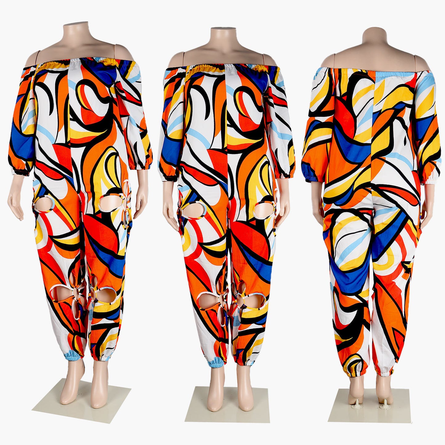 Sexy Slim Backless Crocheted Floral Print Plus Size Jumpsuit