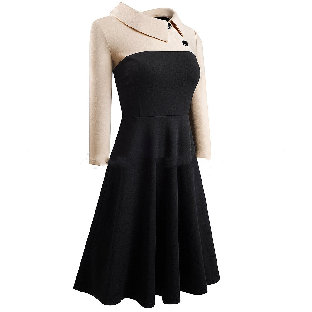 Three-quarter Sleeve Slim-fit Commute Color Contrast Patchwork Lapel A- Line Dress