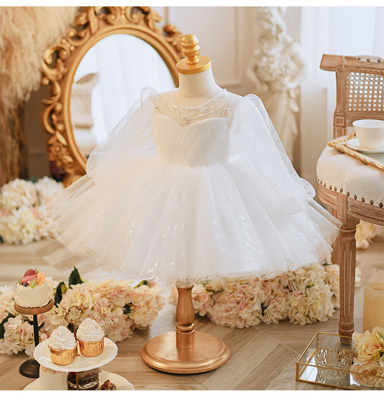 Long Sleeve Handmade Pearl Embroidery Children Princess Dress Gown