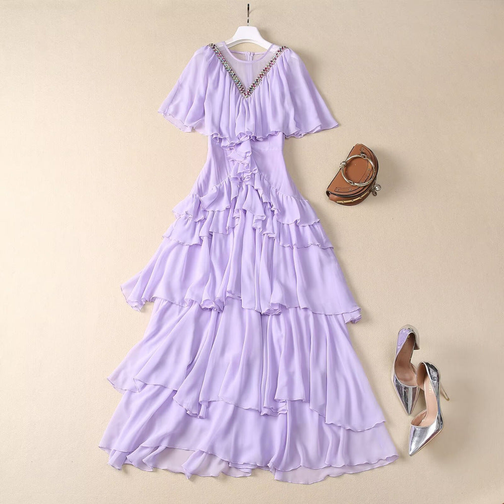 French women's V-neck heavy industry custom-made bead waist ruffle layered formal dress cake long skirt