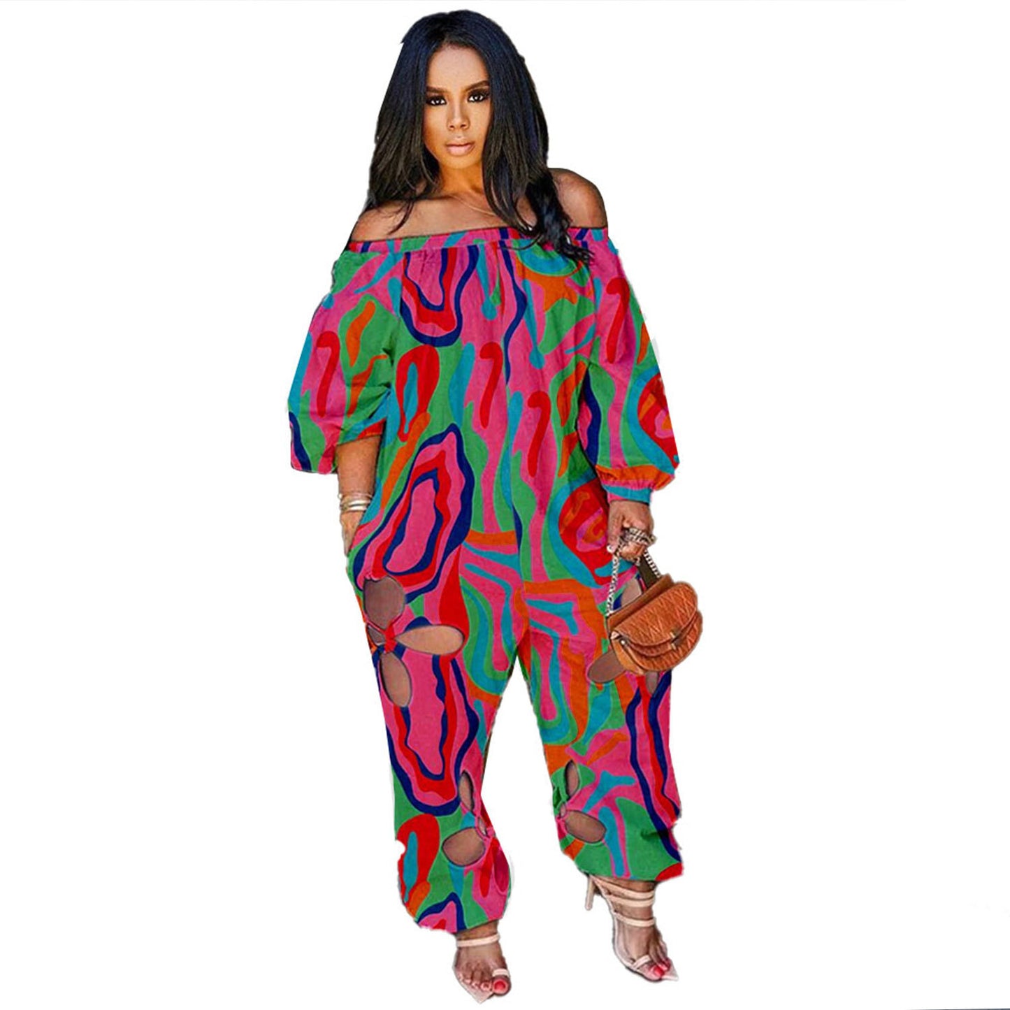 Sexy Slim Backless Crocheted Floral Print Plus Size Jumpsuit