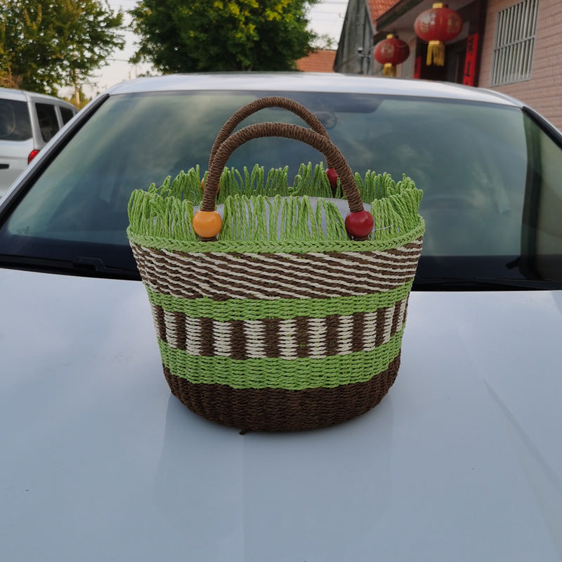 Picnic Basket Tassel Wooden Bead Decorative Cute Handbag Hand Woven