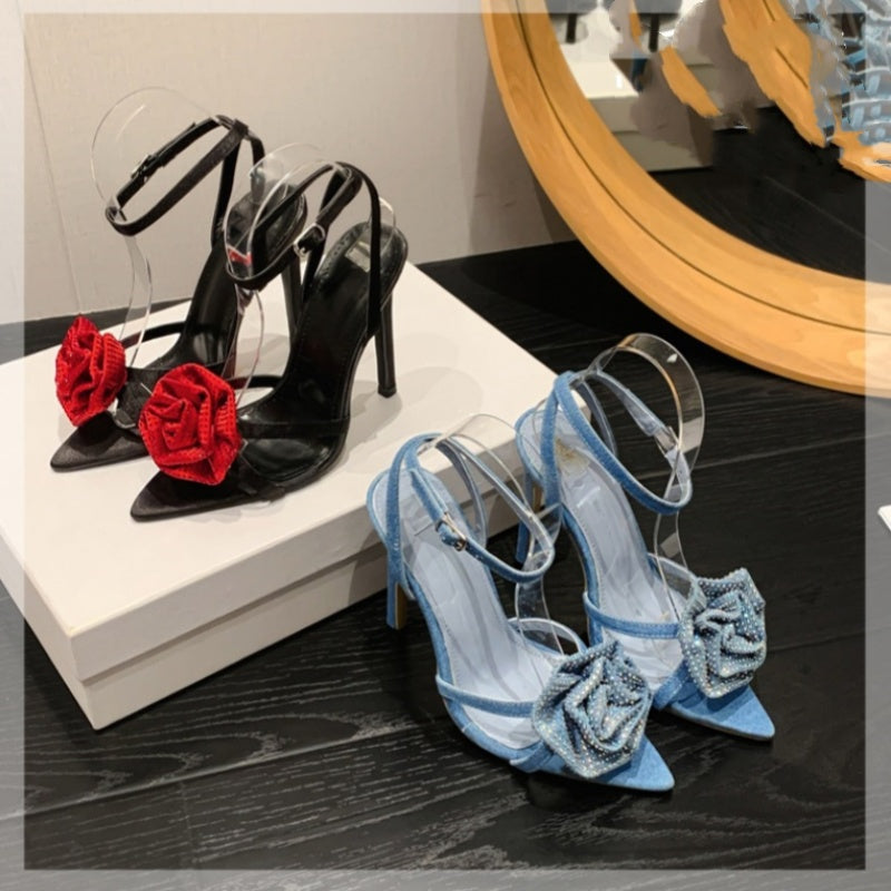 New Women's Shoes Pointed Toe Rhinestone Flower Strap Stiletto Heel Sandals