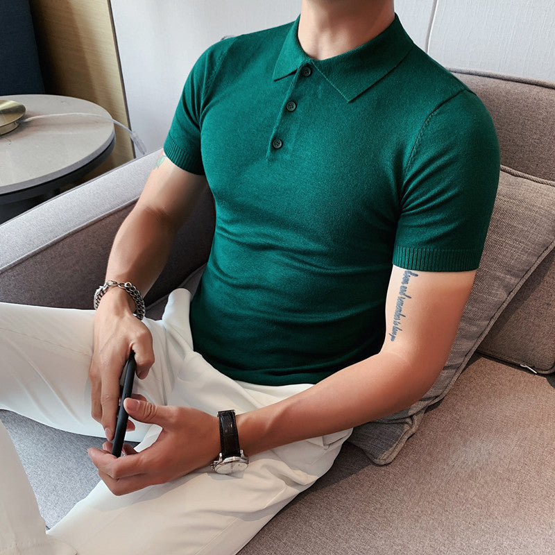 Summer Slim-fit Lapel Knitted Men's Ice Silk Solid Color T-shirt