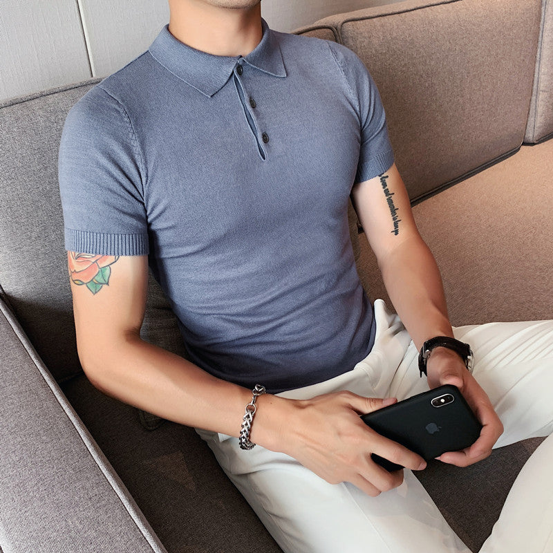 Summer Slim-fit Lapel Knitted Men's Ice Silk Solid Color T-shirt