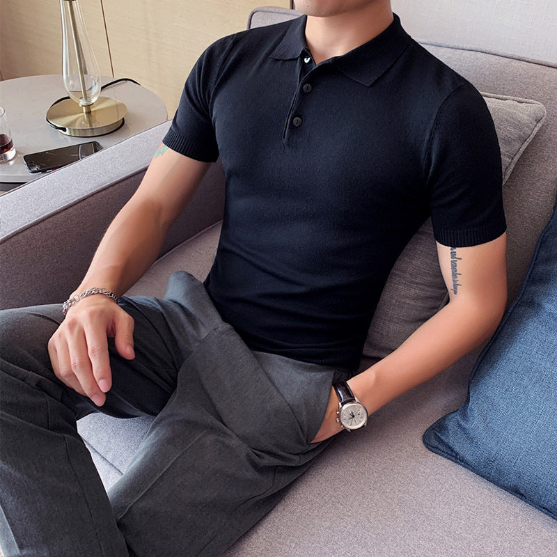 Summer Slim-fit Lapel Knitted Men's Ice Silk Solid Color T-shirt