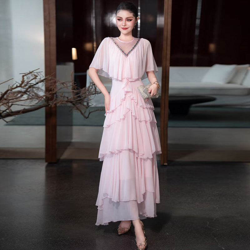 French women's V-neck heavy industry custom-made bead waist ruffle layered formal dress cake long skirt