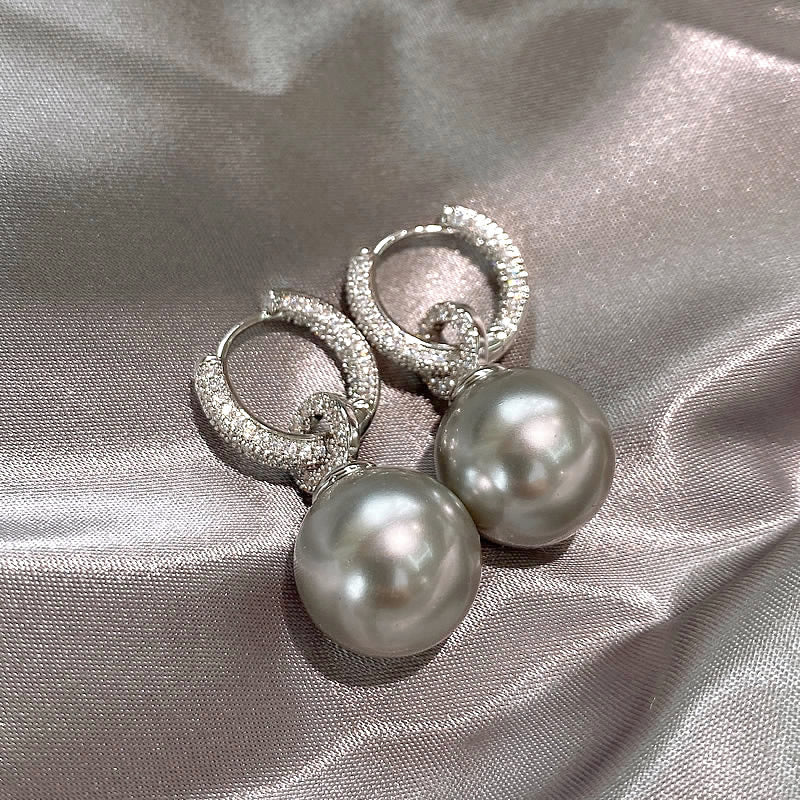 Inlaid Zircon Gray Pearl Earrings Detachable Round Shell Pearls