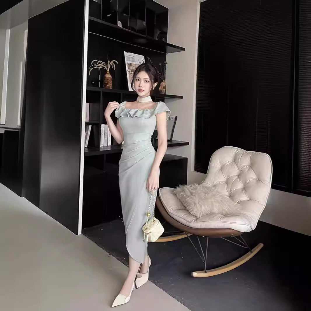 Off-shoulder Ruffled Waist Pleated Slit Dress