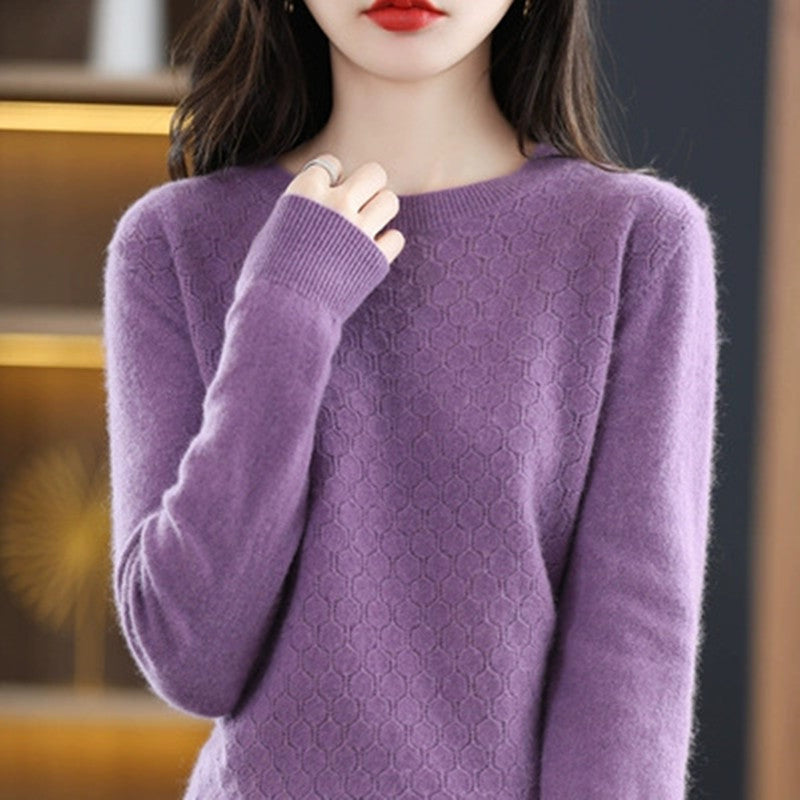 Pure Wool Sweater Women's Round Neck Pullover Loose