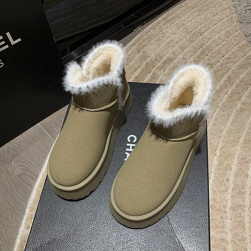 Fleece-lined Short Snow Boots Female Suede Round Toe