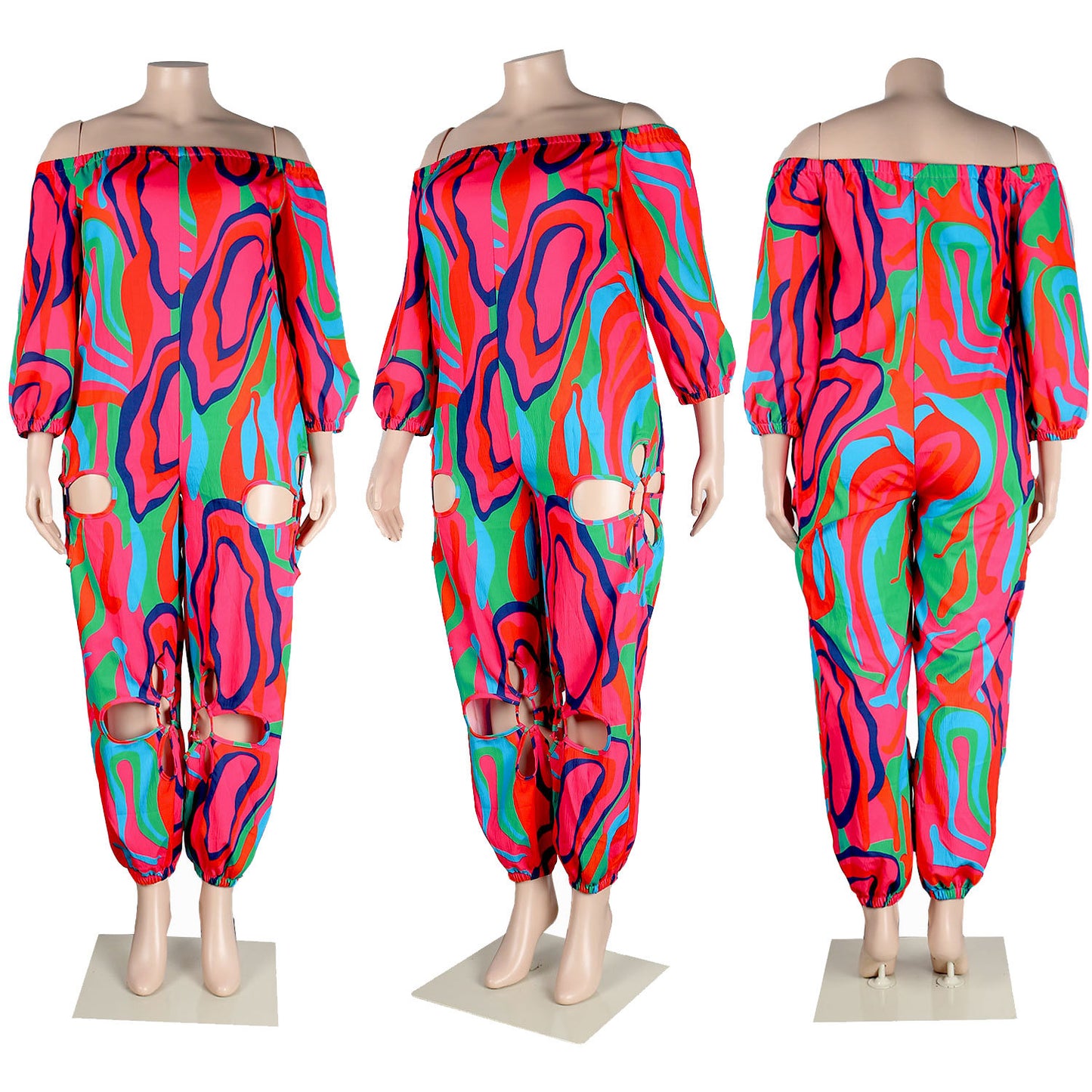 Sexy Slim Backless Crocheted Floral Print Plus Size Jumpsuit