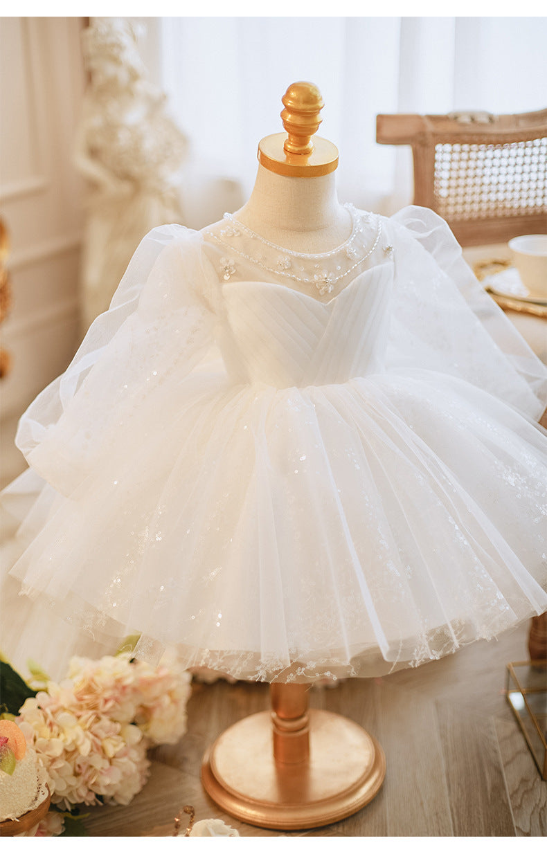 Long Sleeve Handmade Pearl Embroidery Children Princess Dress Gown