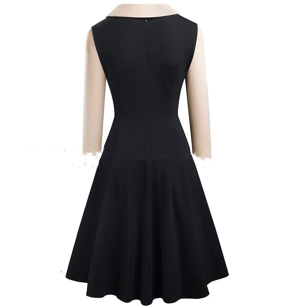 Three-quarter Sleeve Slim-fit Commute Color Contrast Patchwork Lapel A- Line Dress