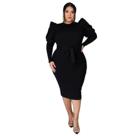 Women's Long Sleeve Belt Slim Fit Plus Size Dress
