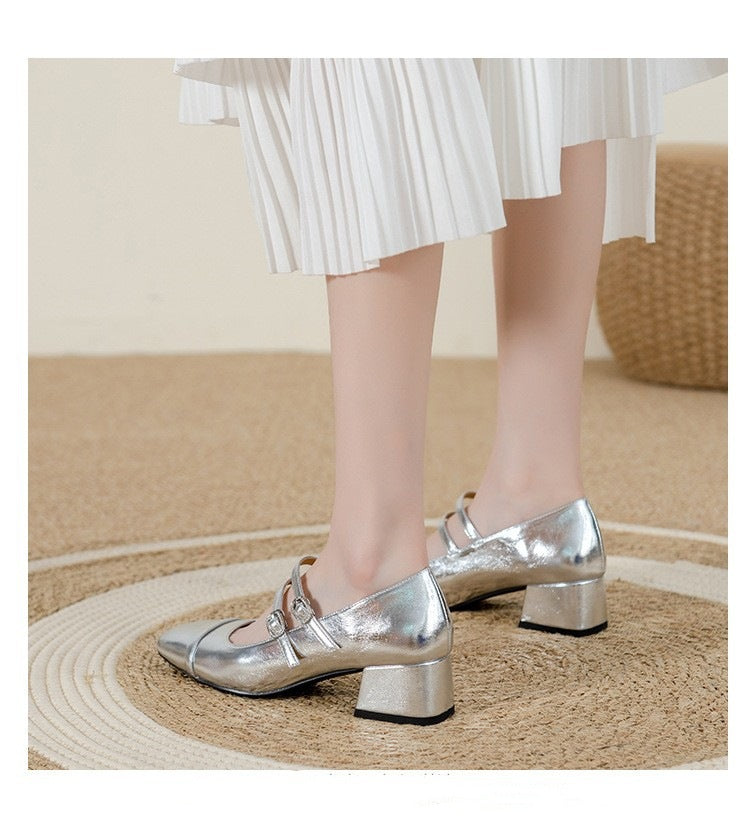 Square Toe Chunky Heel Buckle Mid-heel High Heel Women's Shoes