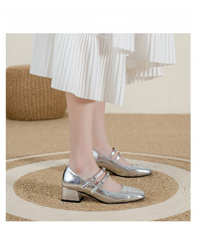 Square Toe Chunky Heel Buckle Mid-heel High Heel Women's Shoes
