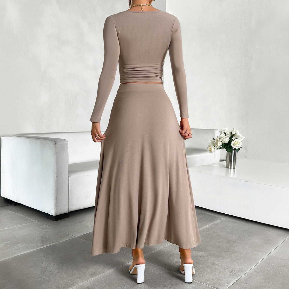Women's Slim Fit Midriff-baring Long Sleeve Skirt Suit