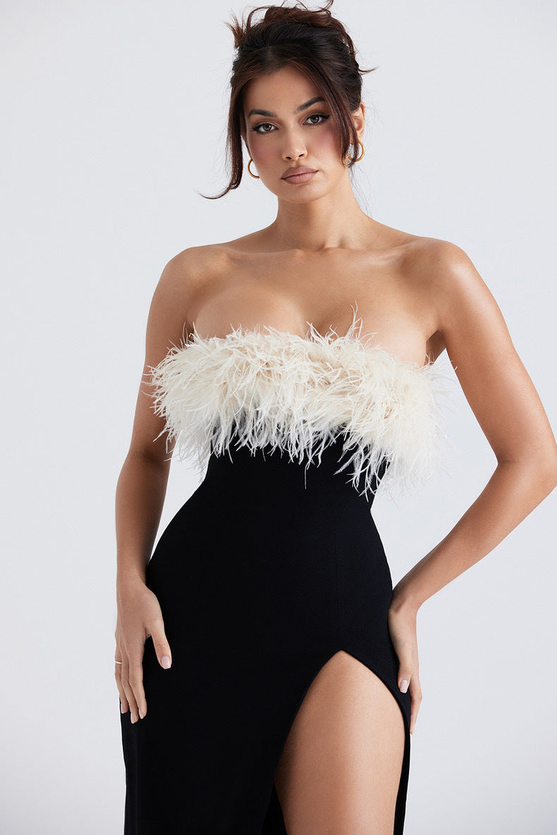 European And American Off-shoulder Contrast Color Ostrich Hair Tube Top High Slit Bandage One-piece Dress