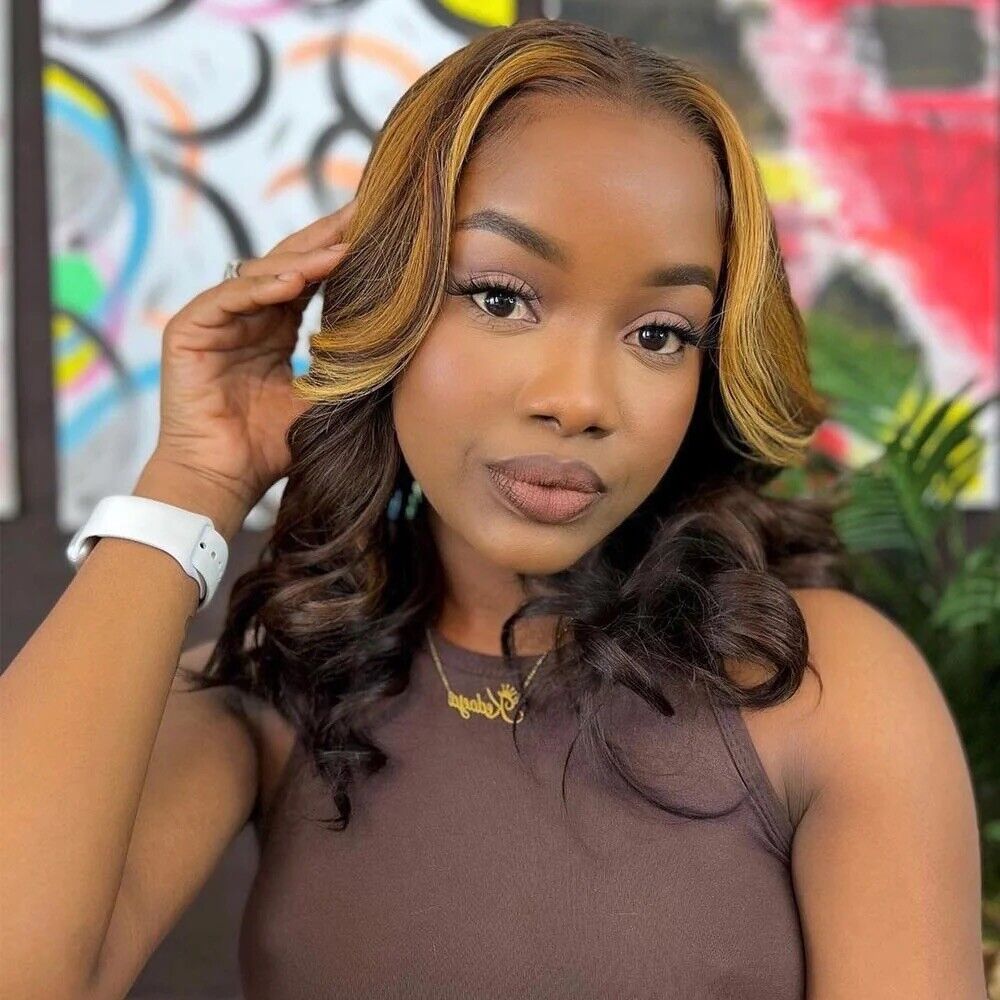 Human Hair Glueless Wavy Full Lace Front Long Highlight Wigs