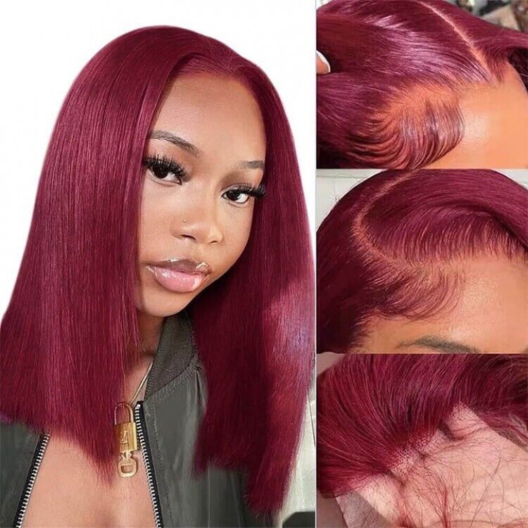 Human Hair Glueless Lace Front Straight Bob Burgundy 99j short Wig