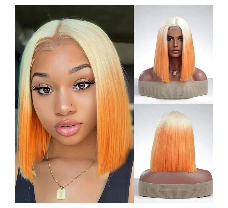 Chic Luxe Hair Bone Straight Lace Front Short Ombre 613 Orange Bob Wig | 100% Human Hair