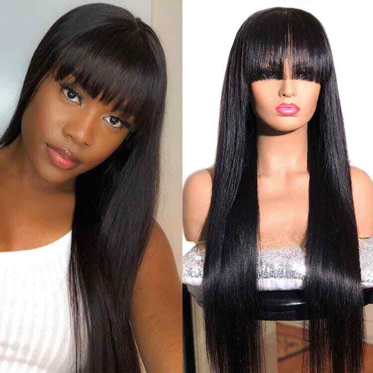 Womens Human Hair Wigs Glueless Lace Front Straight Long Wig With Bangs 210%