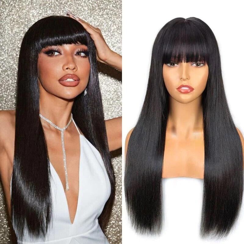 Womens Human Hair Wigs Glueless Lace Front Straight Long Wig With Bangs 210%