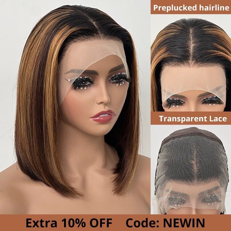 Human Hair Glueless Lace Front Straight Bob Highlights Wig