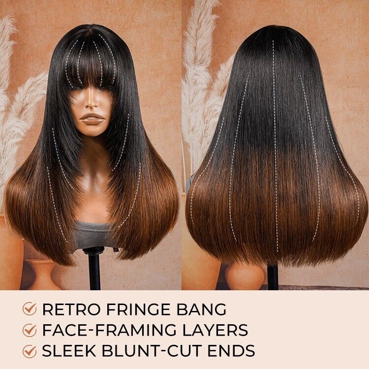 Chic Luxe Hair Ready To Wear Glueless Lace Front Wig With Bangs | Ombré Brown | 100% Human Hair