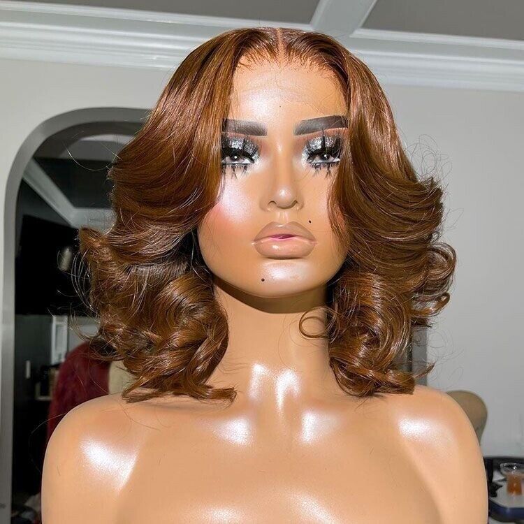 Human Hair Wig Glueless Wavy Lace Front Light Brown Wavy Short Bob