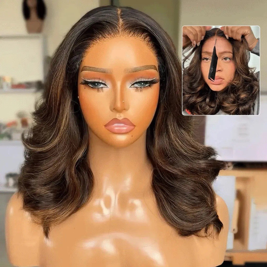 Highlight Brown Layered Cut Loose Wave Glueless Pre-Cut Lace Wig 250% Density